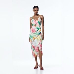 Zara Printed Satin Effect Midi Dress